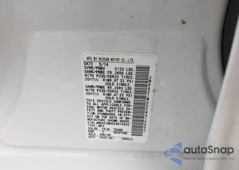 2014 Nissan Murano Le z USA, uszkodzony, nr VIN JN8AZ1MU5EW415952